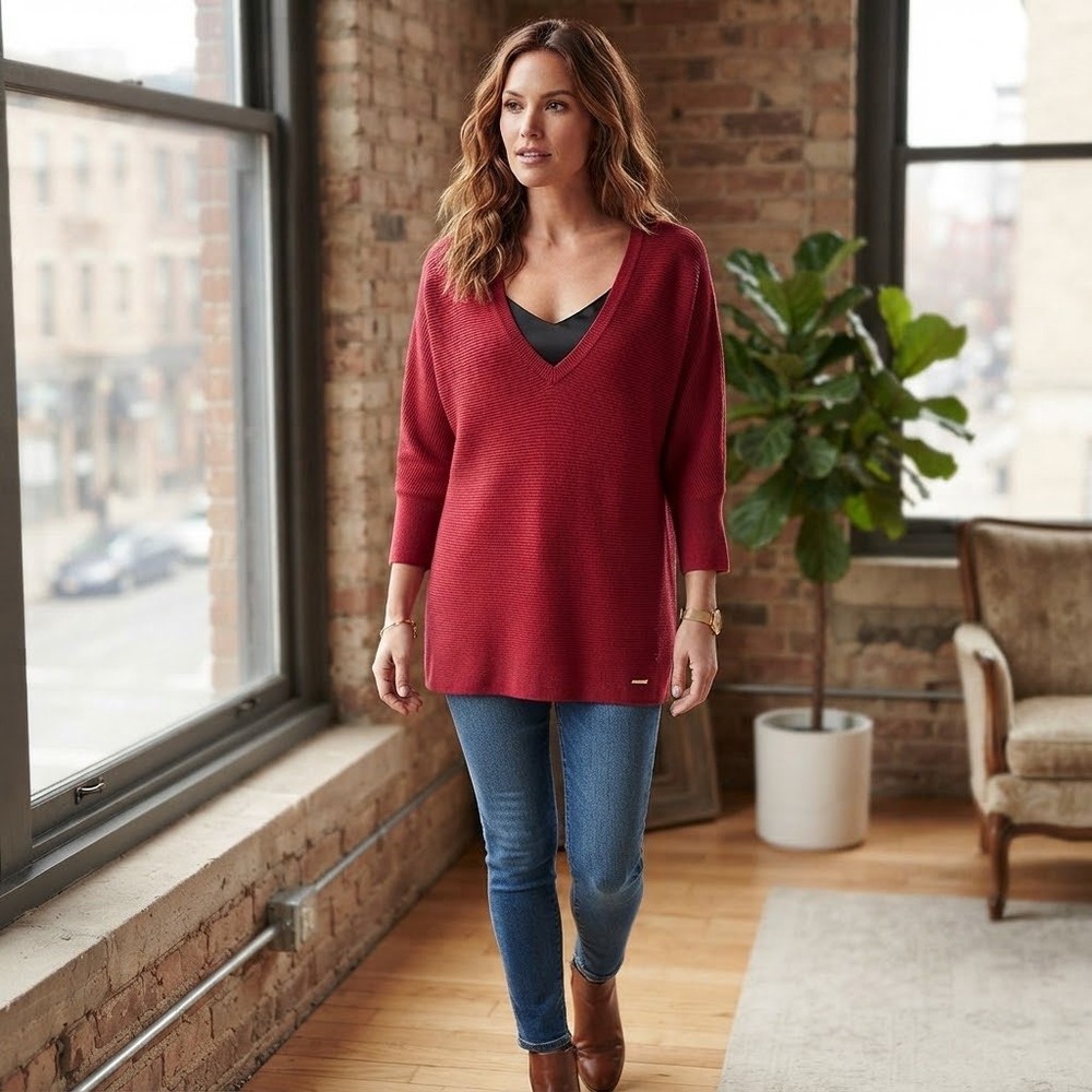 Ellen Tracy Womens 1X Red Ribbed V-Neck Dolman Sleeve Tunic Sweater Oversized